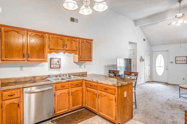 6686 Elmore Ridge Ln, Memphis, TN 38134 - kitchen with stainless steel dishwasher, a sink, a peninsula, beamed ceiling, and a ceiling fan