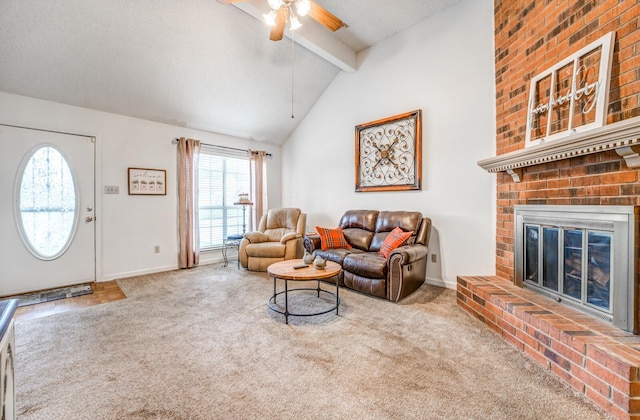 6686 Elmore Ridge Ln, Memphis, TN 38134 - carpeted living room featuring healthy amount of natural light, a ceiling fan, a brick fireplace, and baseboards