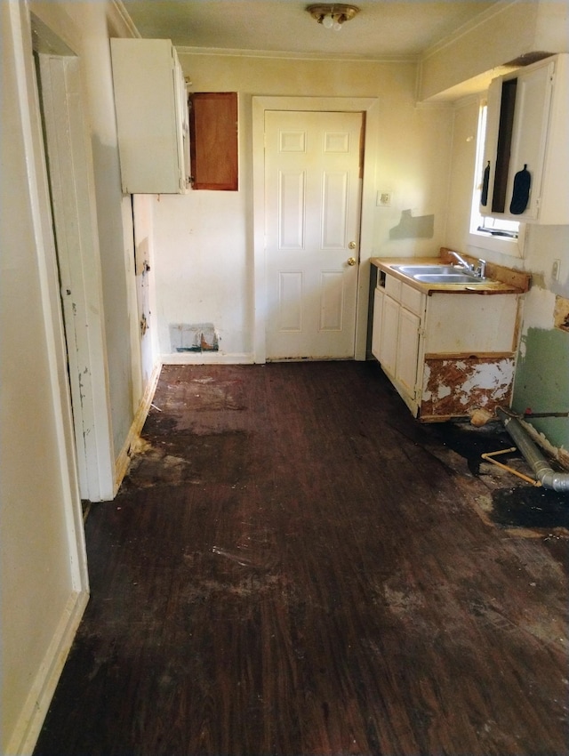 kitchen featuring dark wood-type flooring, a sink, ornamental molding, and white cabinetry