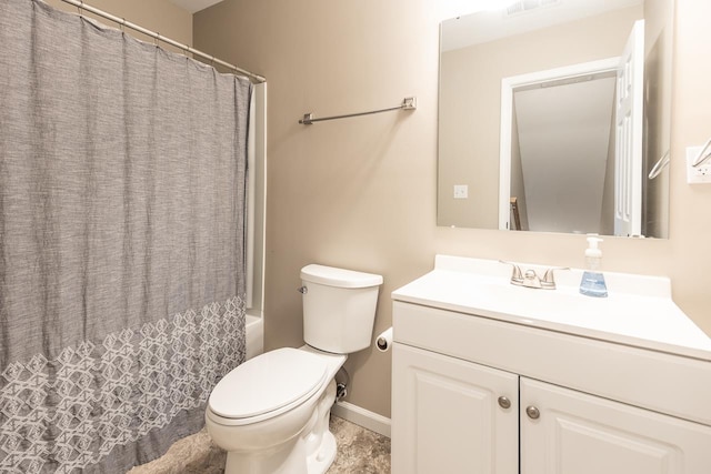 full bath with toilet, vanity, baseboards, and shower / bath combination with curtain