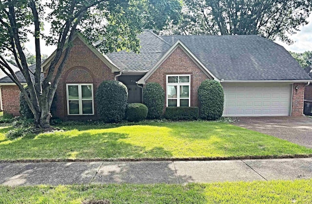 view of front of house featuring a garage, asphalt driveway, brick siding, a front yard, and a shingled roof