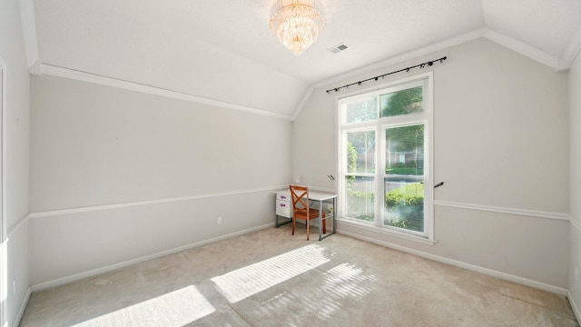 carpeted bedroom featuring vaulted ceiling, baseboards, a chandelier, and ornamental molding