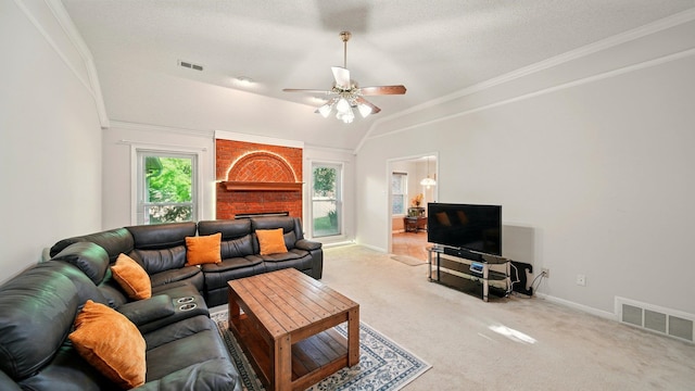 living area with carpet, baseboards, ceiling fan, ornamental molding, and lofted ceiling