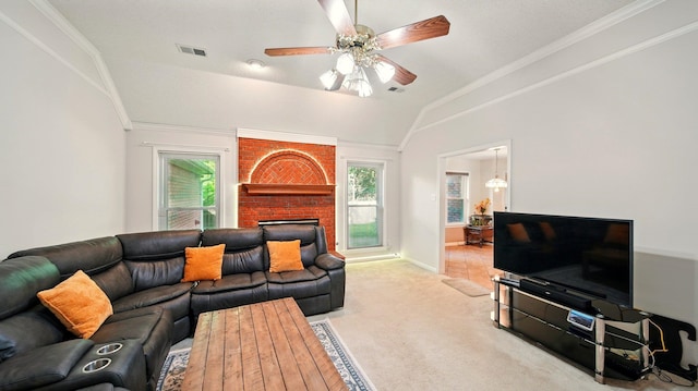 living area featuring a ceiling fan, carpet flooring, crown molding, a chandelier, and a fireplace