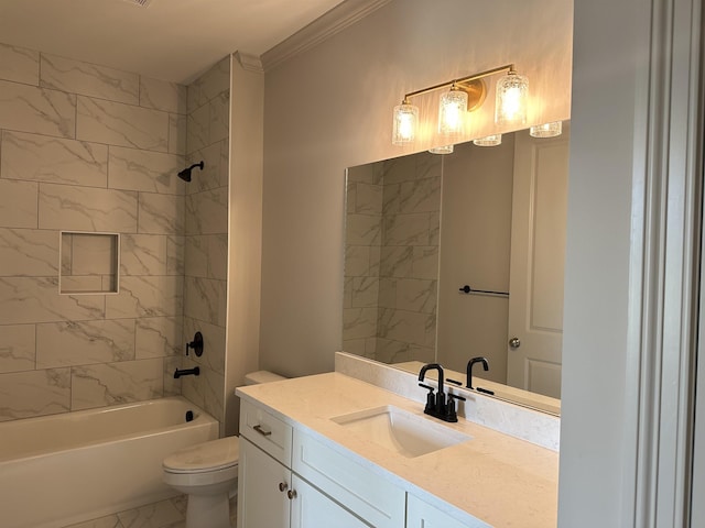 full bath with marble finish floors, toilet, shower / bathtub combination, vanity, and ornamental molding