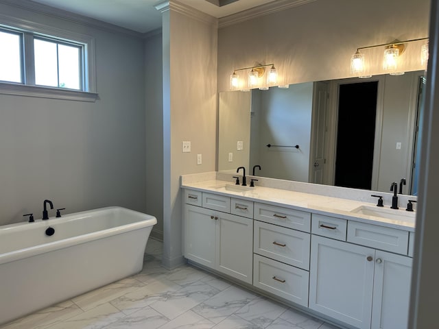 bathroom with marble look tile flooring, double vanity, a soaking tub, crown molding, and baseboards