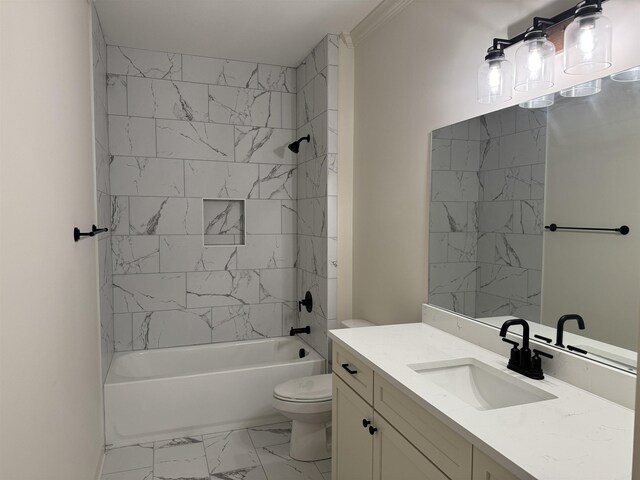 full bath featuring marble finish floors, toilet, bathtub / shower combination, and vanity