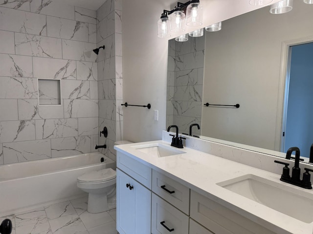 bathroom featuring marble look tile flooring,  shower combination, toilet, and double vanity