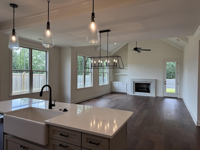 kitchen featuring a sink, open floor plan, dark wood-type flooring, pendant lighting, and vaulted ceiling