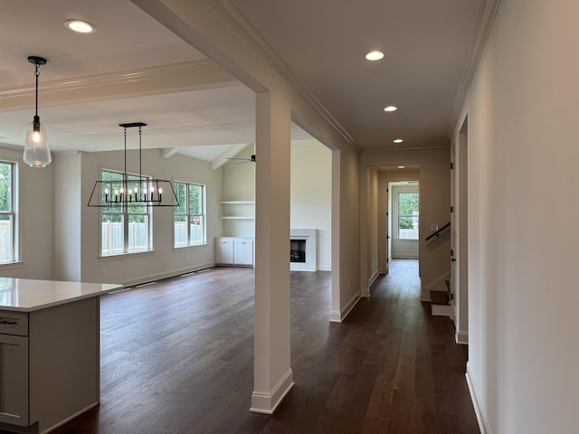hallway featuring ornamental molding, plenty of natural light, dark wood-style flooring, baseboards, and recessed lighting