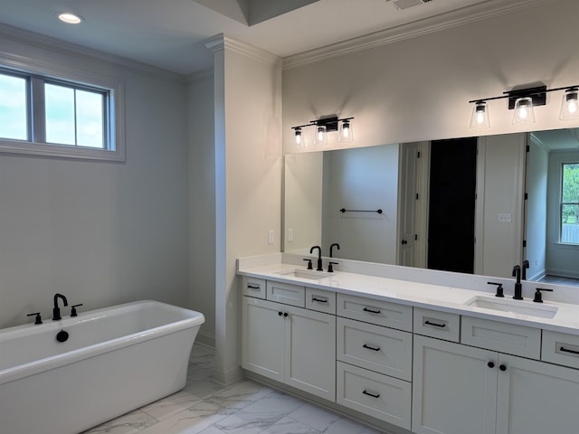 full bath featuring marble look tiles, ornamental molding, a soaking tub, recessed lighting, and double vanity
