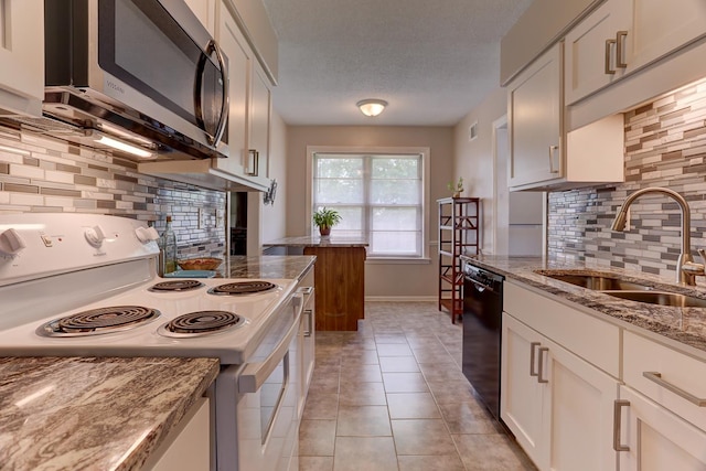 kitchen featuring white range with electric stovetop, stainless steel microwave, a sink, dishwasher, and backsplash