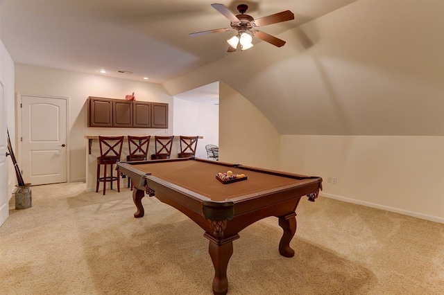 100 Whitehall Ct, Unicorp/Eads, TN 38028 - recreation room with light colored carpet, a ceiling fan, baseboards, pool table, and lofted ceiling