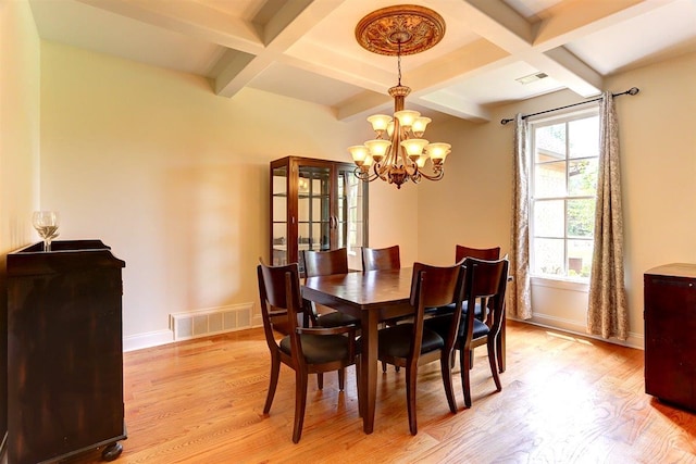 100 Whitehall Ct, Unicorp/Eads, TN 38028 - dining room with coffered ceiling, light wood-style flooring, a chandelier, beamed ceiling, and baseboards