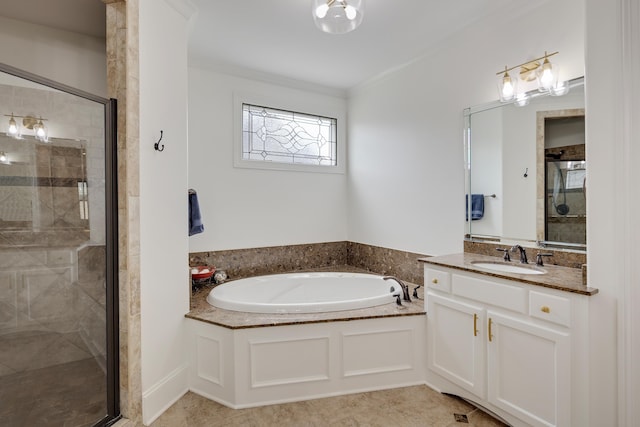 full bath with a bath, a shower stall, vanity, and tile patterned flooring
