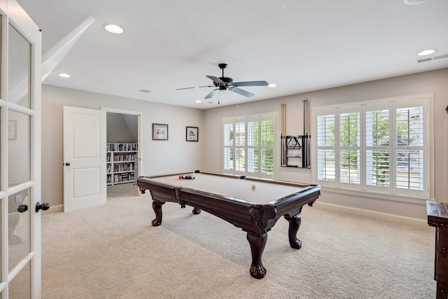 recreation room featuring billiards table, carpet, recessed lighting, ceiling fan, and baseboards