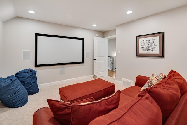 home theater room with recessed lighting, carpet, and baseboards