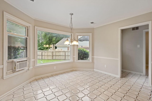 unfurnished dining area with crown molding, a chandelier, tile patterned floors, baseboards, and cooling unit
