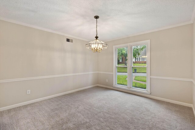 8450 Stoksund Cv, Memphis, TN 38018 - carpeted empty room with a textured ceiling, a chandelier, crown molding, and baseboards