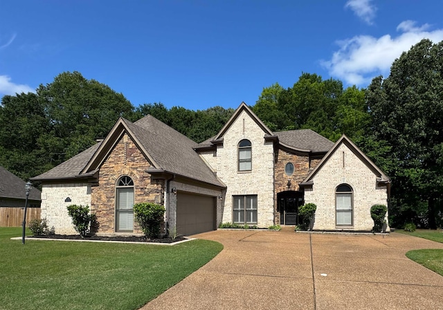 french country home featuring concrete driveway, roof with shingles, a front lawn, and an attached garage