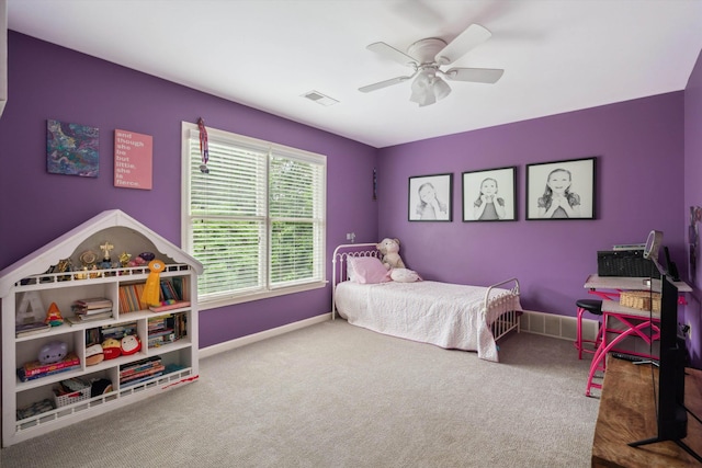 bedroom with carpet floors, baseboards, and ceiling fan