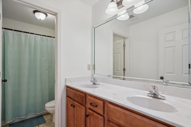 full bath featuring toilet, double vanity, tile patterned floors, and a shower with shower curtain