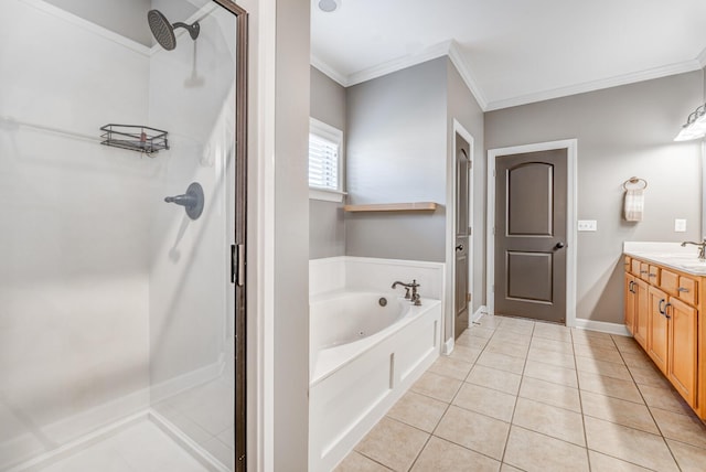 bathroom with a shower stall, ornamental molding, vanity, and a bath