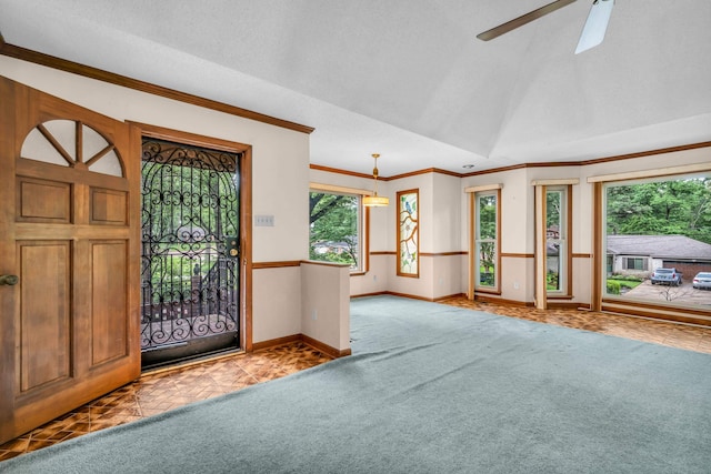 6196 Ivanhoe Cv, Bartlett, TN 38134 - carpeted entryway with baseboards, ornamental molding, ceiling fan, and vaulted ceiling