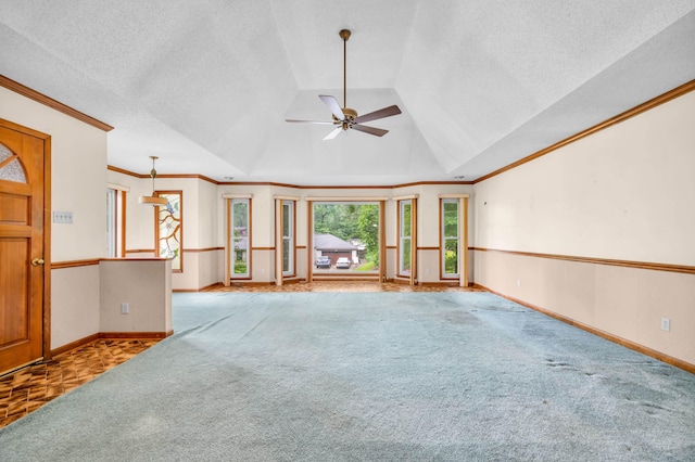 6196 Ivanhoe Cv, Bartlett, TN 38134 - unfurnished living room with carpet, crown molding, a textured ceiling, baseboards, and vaulted ceiling