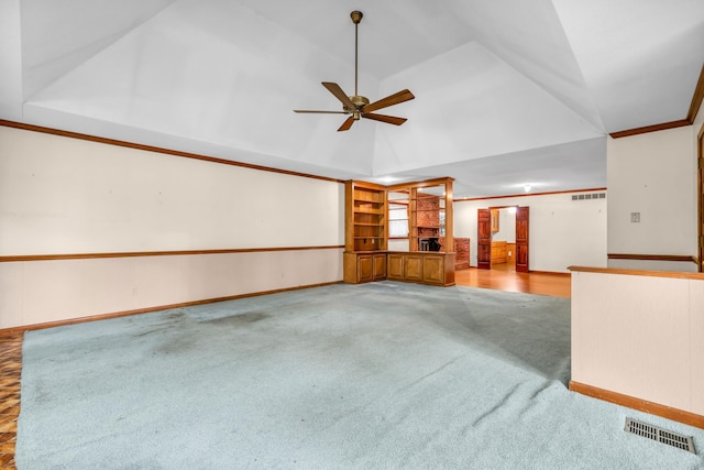 6196 Ivanhoe Cv, Bartlett, TN 38134 - unfurnished living room with ceiling fan, carpet floors, high vaulted ceiling, and baseboards