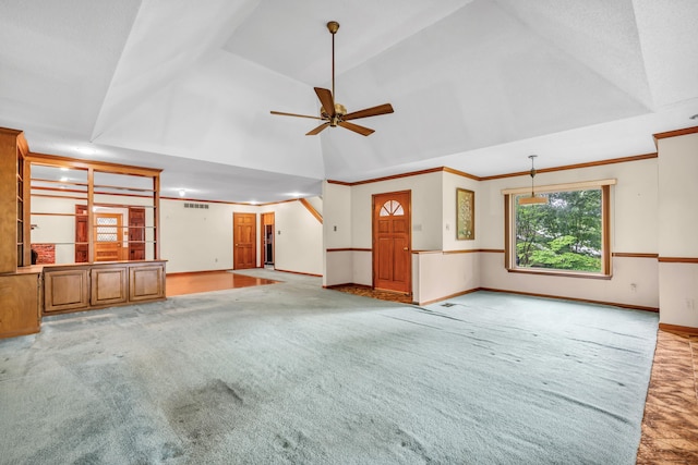 6196 Ivanhoe Cv, Bartlett, TN 38134 - unfurnished living room with carpet flooring, baseboards, a ceiling fan, and high vaulted ceiling