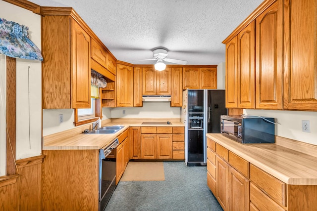 6196 Ivanhoe Cv, Bartlett, TN 38134 - kitchen featuring black appliances, a sink, under cabinet range hood, light countertops, and ceiling fan