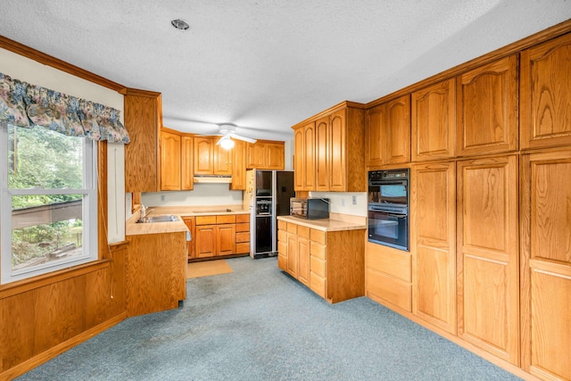 6196 Ivanhoe Cv, Bartlett, TN 38134 - kitchen featuring black appliances, light carpet, a textured ceiling, a sink, and light countertops