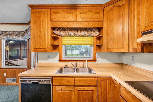 6196 Ivanhoe Cv, Bartlett, TN 38134 - kitchen with black appliances, a sink, open shelves, light countertops, and crown molding