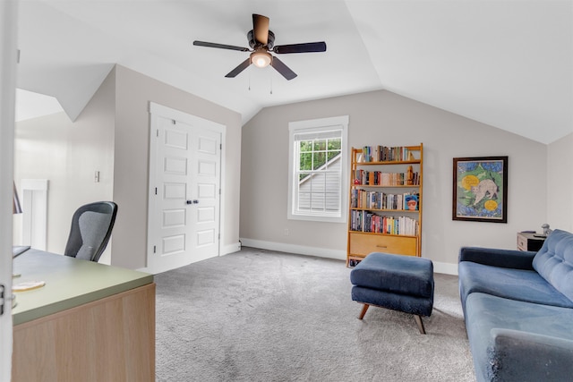 185 Alexander St, Memphis, TN 38111 - office area featuring light colored carpet, vaulted ceiling, ceiling fan, and baseboards