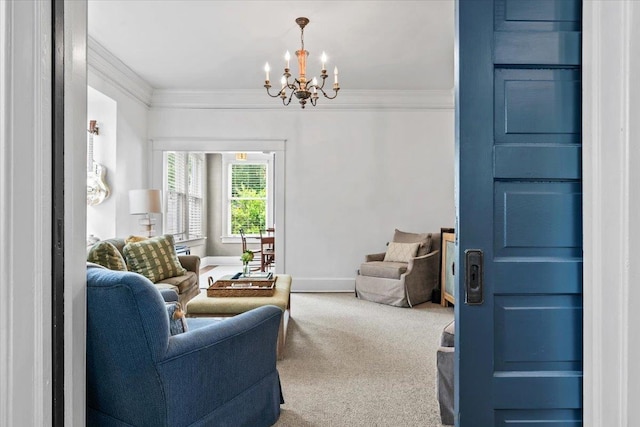 1751 Carr Ave, Memphis, TN 38104 - living area featuring a chandelier, ornamental molding, carpet flooring, and baseboards