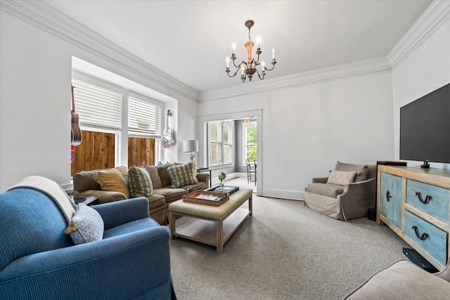 1751 Carr Ave, Memphis, TN 38104 - living room with a chandelier, crown molding, light carpet, and baseboards