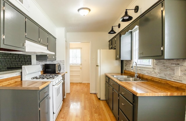 4486 Mayo Ave, Memphis, TN 38128 - kitchen with white appliances, a sink, under cabinet range hood, light wood-style floors, and tasteful backsplash
