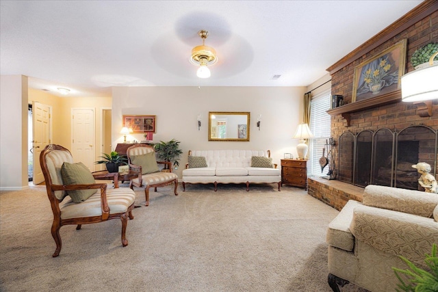 8570 W Park Trail Dr, Germantown, TN 38139 - living area featuring light colored carpet, ceiling fan, and a fireplace