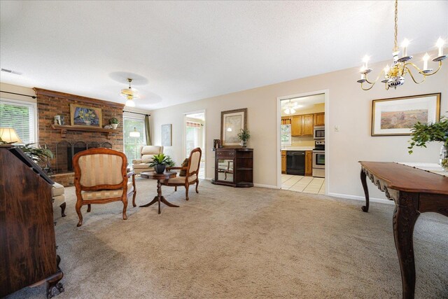 8570 W Park Trail Dr, Germantown, TN 38139 - living room with plenty of natural light, light carpet, a chandelier, and a fireplace