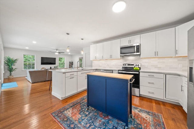 4539 Kings Park Rd, Memphis, TN 38117 - kitchen with stainless steel appliances, open floor plan, a peninsula, a sink, and white cabinetry