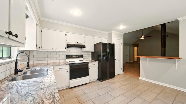 979 Ray Bluff Rd, Millington, TN 38053 - kitchen with black fridge, white electric range, a sink, under cabinet range hood, and ceiling fan