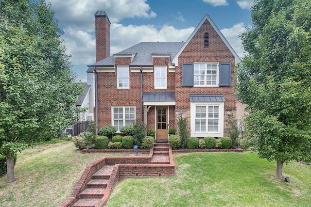 view of front of property featuring a chimney, a shingled roof, and brick siding