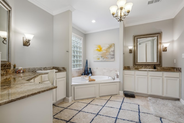 215 Ivy Grove Ln, Collierville, TN 38017 - full bath with tile patterned flooring, ornamental molding, a garden tub, a chandelier, and two vanities