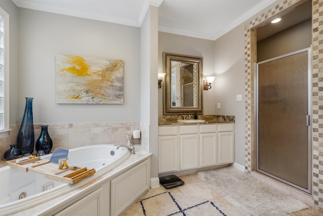 215 Ivy Grove Ln, Collierville, TN 38017 - full bathroom with a shower stall, crown molding, a jetted tub, and vanity