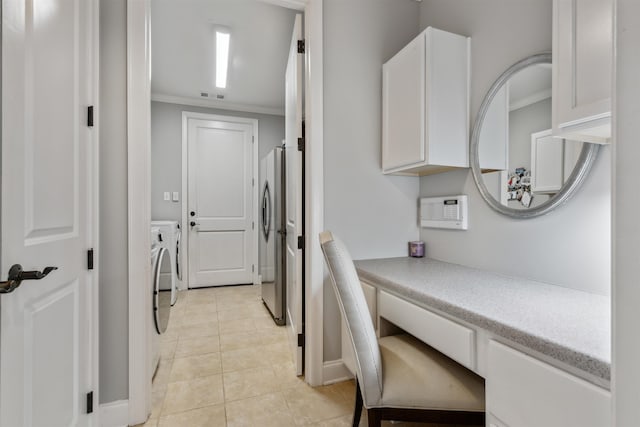 215 Ivy Grove Ln, Collierville, TN 38017 - laundry area featuring independent washer and dryer, light tile patterned floors, crown molding, baseboards, and an office area