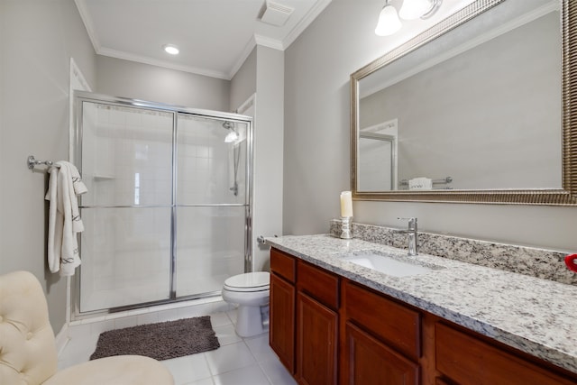 215 Ivy Grove Ln, Collierville, TN 38017 - bathroom with toilet, a stall shower, crown molding, and vanity