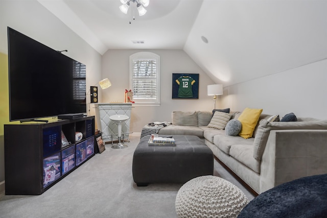 215 Ivy Grove Ln, Collierville, TN 38017 - carpeted living area with a ceiling fan and lofted ceiling