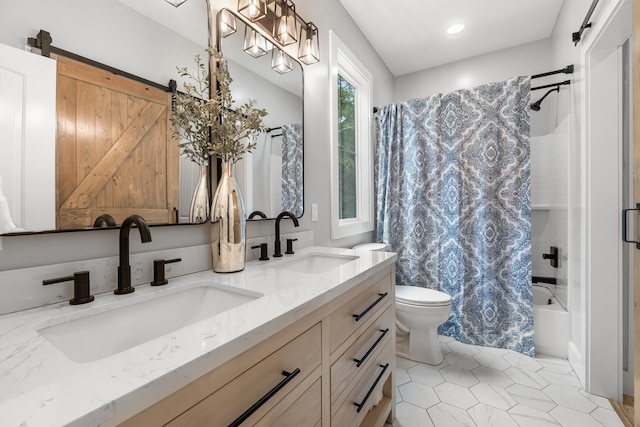 bathroom featuring toilet, tile patterned floors, shower / bath combination with curtain, double vanity, and recessed lighting