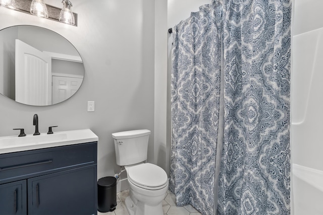 full bath with toilet, vanity, a shower with shower curtain, and tile patterned flooring